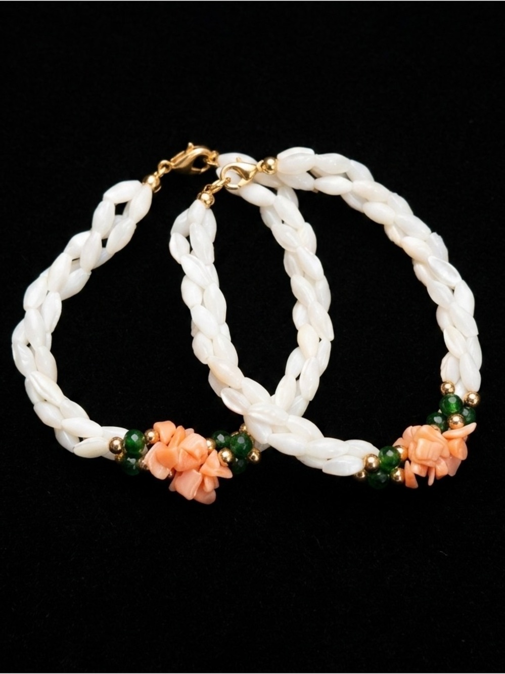 Vintage Mother of Pearl Pikake Shell Bracelet with Pink Coral and Green Jade